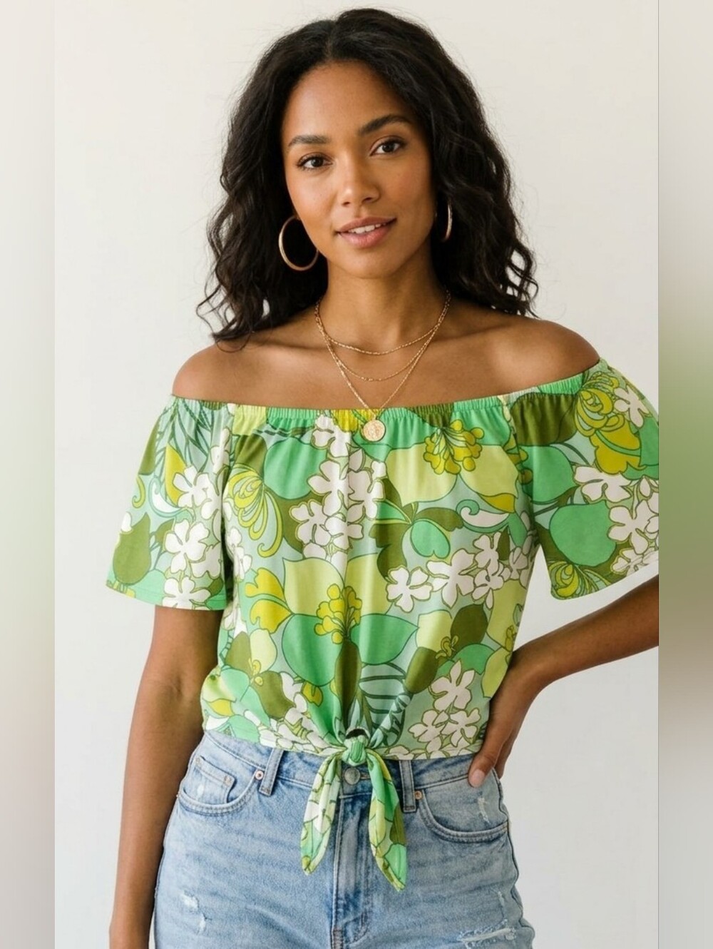 Kim & Cami Green Retro Floral Crop Tie-Front Blouse Off-Shoulder Rayon Small EUC